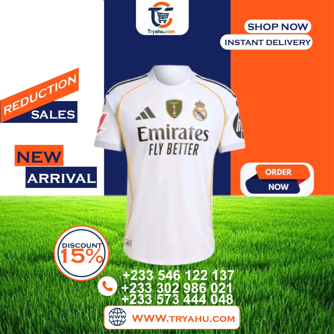Real Madrid 2025 2026 Home Jersey  Official White Kit | Tryahu Sports Ghana